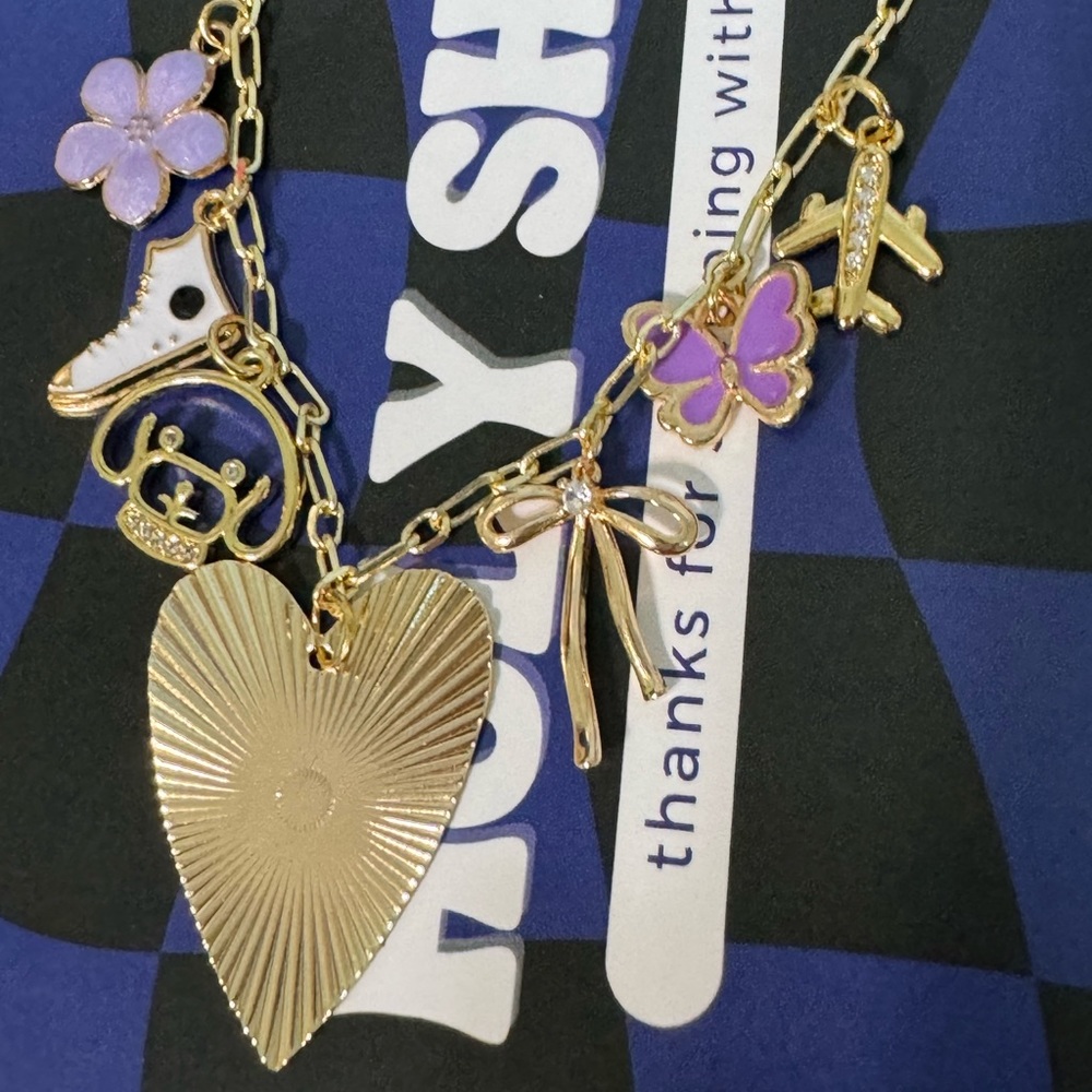 Wood + Wolfe Gold Charm Necklace. 18” 7 Charms.